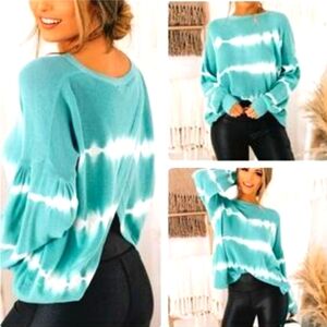 Fate Teal and White Tie-Dye Sweater Lightweight Open Back Size Small NWT